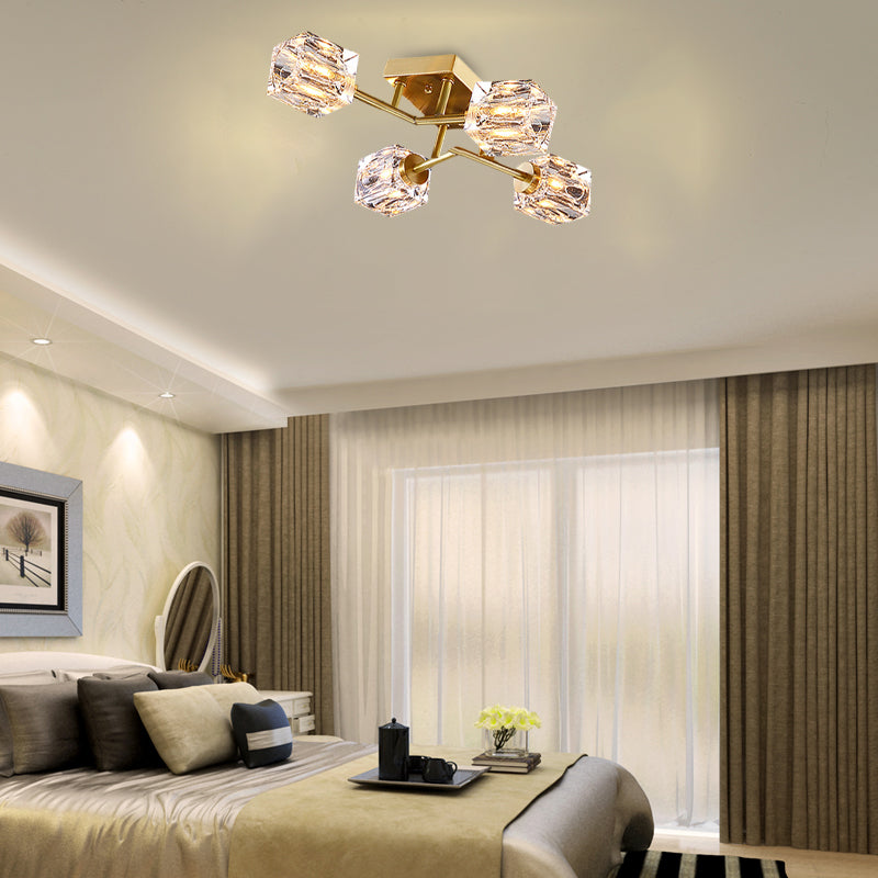 Cubic Dimpled Crystal Semi Flush Mount Lighting Postmodern 4/6 Heads Gold Ceiling Light Fixture Clearhalo 'Ceiling Lights' 'Close To Ceiling Lights' 'Close to ceiling' 'Semi-flushmount' Lighting' 314266
