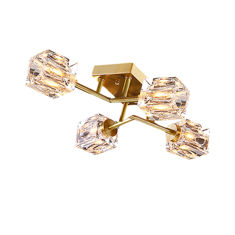 Cubic Dimpled Crystal Semi Flush Mount Lighting Postmodern 4/6 Heads Gold Ceiling Light Fixture Clearhalo 'Ceiling Lights' 'Close To Ceiling Lights' 'Close to ceiling' 'Semi-flushmount' Lighting' 314267