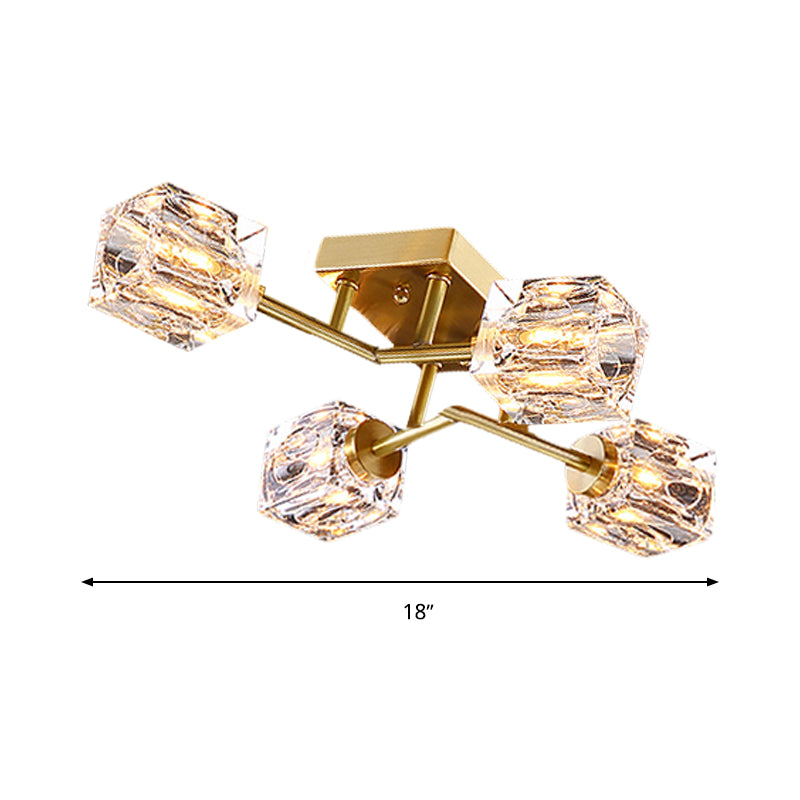 Cubic Dimpled Crystal Semi Flush Mount Lighting Postmodern 4/6 Heads Gold Ceiling Light Fixture Clearhalo 'Ceiling Lights' 'Close To Ceiling Lights' 'Close to ceiling' 'Semi-flushmount' Lighting' 314268