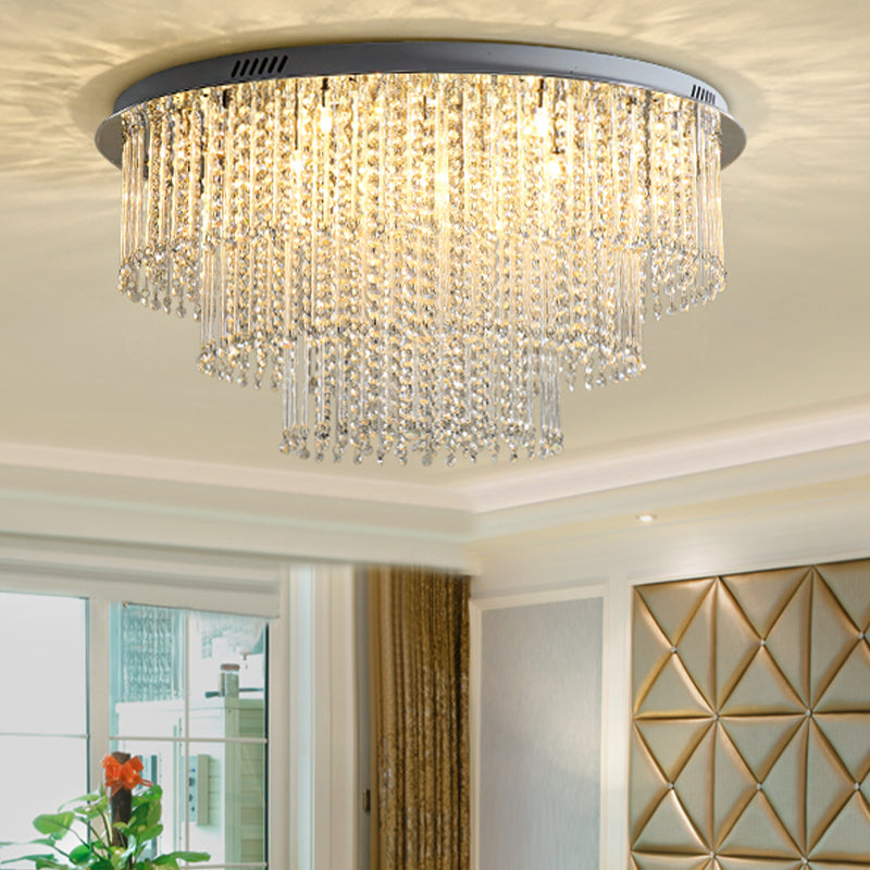 Crystal Strand 3 Tiers Ceiling Light Modernism Nickel LED Flush Mount Lamp for Living Room Clearhalo 'Ceiling Lights' 'Close To Ceiling Lights' 'Close to ceiling' 'Flush mount' Lighting' 314299