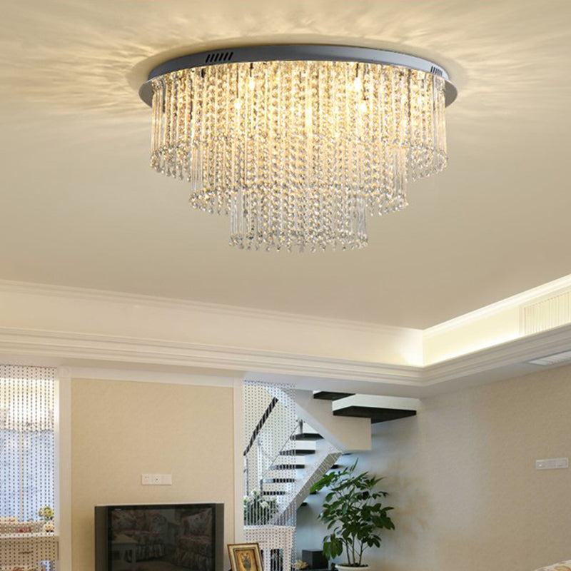 Crystal Strand 3 Tiers Ceiling Light Modernism Nickel LED Flush Mount Lamp for Living Room Clearhalo 'Ceiling Lights' 'Close To Ceiling Lights' 'Close to ceiling' 'Flush mount' Lighting' 314300