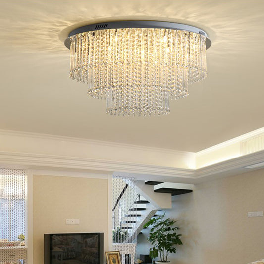 Crystal Strand 3 Tiers Ceiling Light Modernism Nickel LED Flush Mount Lamp for Living Room Clearhalo 'Ceiling Lights' 'Close To Ceiling Lights' 'Close to ceiling' 'Flush mount' Lighting' 314300