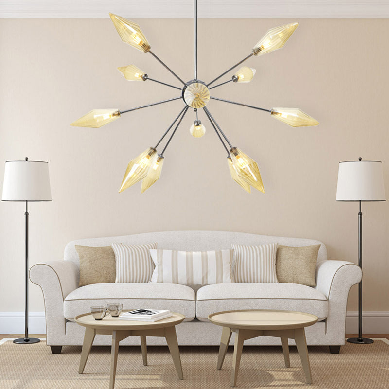 9/12/15-Light Living Room Hanging Chandelier Lamp Industrial Amber/Clear Pendant Light with Diamond Glass Shade 12 Amber Clearhalo 'Ceiling Lights' 'Chandeliers' 'Clear' 'Glass shade' 'Glass' 'Industrial Chandeliers' 'Industrial' 'Middle Century Chandeliers' 'Modern' 'Tiffany' 'Traditional Chandeliers' Lighting' 314374