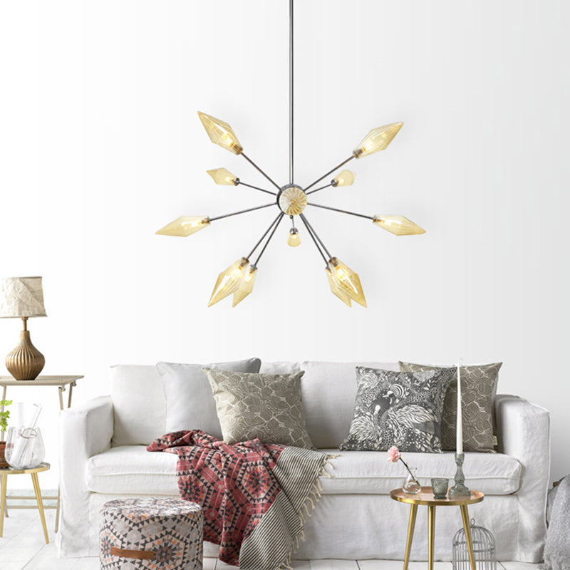 9/12/15-Light Living Room Hanging Chandelier Lamp Industrial Amber/Clear Pendant Light with Diamond Glass Shade Clearhalo 'Ceiling Lights' 'Chandeliers' 'Clear' 'Glass shade' 'Glass' 'Industrial Chandeliers' 'Industrial' 'Middle Century Chandeliers' 'Modern' 'Tiffany' 'Traditional Chandeliers' Lighting' 314375