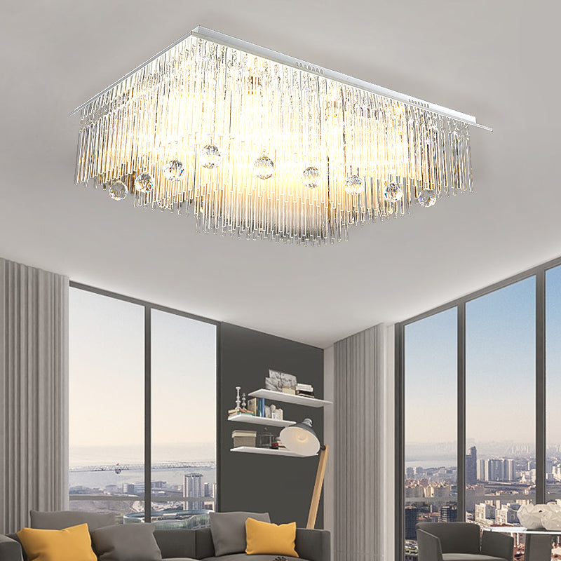 Rectangular Crystal Light Rectangle Ceiling Light Modern Crystal Rod 16 Heads Nickel Flush Mount ...