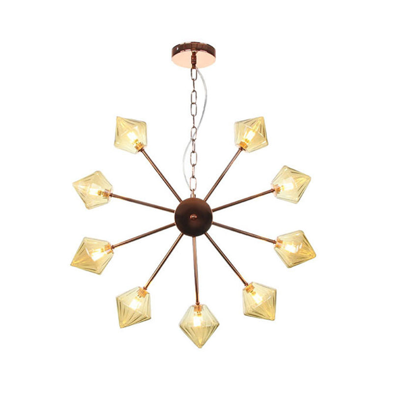 Diamond Shade Hanging Lighting Industrial Amber/Clear Glass 6/9/12 Heads Living Room Chandelier Lamp in Black/Brass/Copper Clearhalo 'Cast Iron' 'Ceiling Lights' 'Chandeliers' 'Industrial Chandeliers' 'Industrial' 'Metal' 'Middle Century Chandeliers' 'Rustic Chandeliers' 'Tiffany' Lighting' 314414