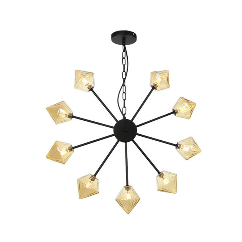 Diamond Shade Hanging Lighting Industrial Amber/Clear Glass 6/9/12 Heads Living Room Chandelier Lamp in Black/Brass/Copper 9 Black Amber Clearhalo 'Cast Iron' 'Ceiling Lights' 'Chandeliers' 'Industrial Chandeliers' 'Industrial' 'Metal' 'Middle Century Chandeliers' 'Rustic Chandeliers' 'Tiffany' Lighting' 314416