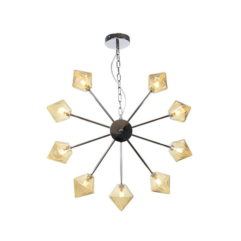 Diamond Shade Hanging Lighting Industrial Amber/Clear Glass 6/9/12 Heads Living Room Chandelier Lamp in Black/Brass/Copper 9 Chrome Amber Clearhalo 'Cast Iron' 'Ceiling Lights' 'Chandeliers' 'Industrial Chandeliers' 'Industrial' 'Metal' 'Middle Century Chandeliers' 'Rustic Chandeliers' 'Tiffany' Lighting' 314418