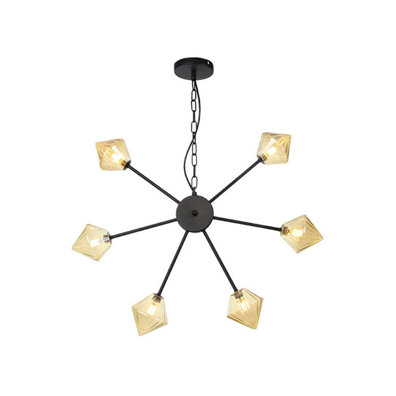Diamond Shade Hanging Lighting Industrial Amber/Clear Glass 6/9/12 Heads Living Room Chandelier Lamp in Black/Brass/Copper 6 Black Amber Clearhalo 'Cast Iron' 'Ceiling Lights' 'Chandeliers' 'Industrial Chandeliers' 'Industrial' 'Metal' 'Middle Century Chandeliers' 'Rustic Chandeliers' 'Tiffany' Lighting' 314428