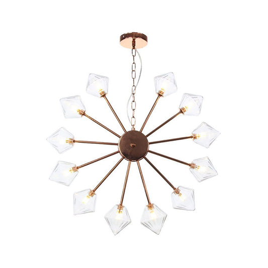 Diamond Shade Hanging Lighting Industrial Amber/Clear Glass 6/9/12 Heads Living Room Chandelier Lamp in Black/Brass/Copper 12 Copper Clear Clearhalo 'Cast Iron' 'Ceiling Lights' 'Chandeliers' 'Industrial Chandeliers' 'Industrial' 'Metal' 'Middle Century Chandeliers' 'Rustic Chandeliers' 'Tiffany' Lighting' 314434