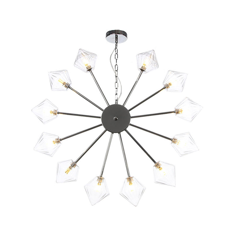 Diamond Shade Hanging Lighting Industrial Amber/Clear Glass 6/9/12 Heads Living Room Chandelier Lamp in Black/Brass/Copper 12 Chrome Clear Clearhalo 'Cast Iron' 'Ceiling Lights' 'Chandeliers' 'Industrial Chandeliers' 'Industrial' 'Metal' 'Middle Century Chandeliers' 'Rustic Chandeliers' 'Tiffany' Lighting' 314435