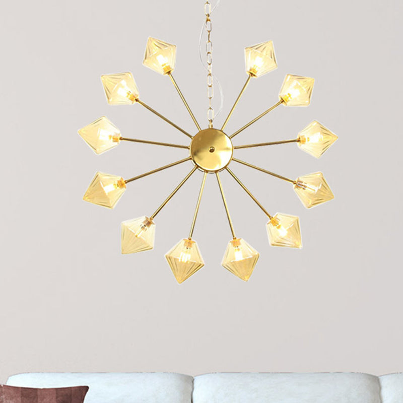 Diamond Shade Hanging Lighting Industrial Amber/Clear Glass 6/9/12 Heads Living Room Chandelier Lamp in Black/Brass/Copper 12 Brass Amber Clearhalo 'Cast Iron' 'Ceiling Lights' 'Chandeliers' 'Industrial Chandeliers' 'Industrial' 'Metal' 'Middle Century Chandeliers' 'Rustic Chandeliers' 'Tiffany' Lighting' 314439