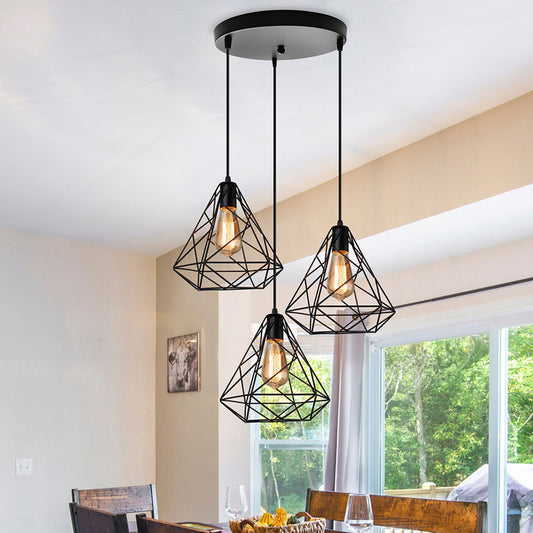 Black Diamond Ceiling Chandelier Vintage Metal 3 Lights Dining Room Pendant Lighting with Round/Linear Canopy Black Round Clearhalo 'Art Deco Pendants' 'Black' 'Cast Iron' 'Ceiling Lights' 'Ceramic' 'Crystal' 'Industrial Pendants' 'Industrial' 'Metal' 'Middle Century Pendants' 'Pendant Lights' 'Pendants' 'Rustic Pendants' 'Tiffany' Lighting' 314455