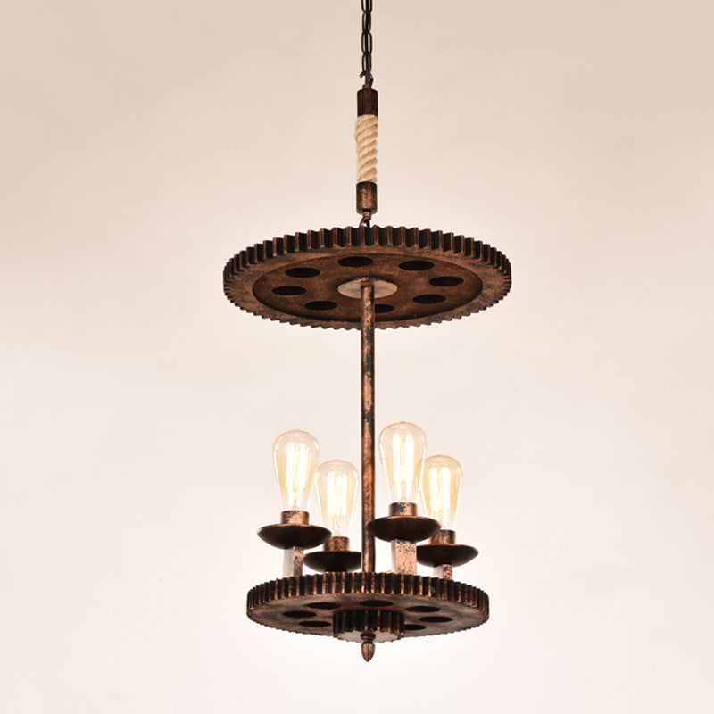 Metal Weathered Copper Pendant Lamp Exposed Bulb 4 Lights Farmhouse Chandelier Light with Gear Deco Weathered Copper Clearhalo 'Cast Iron' 'Ceiling Lights' 'Chandeliers' 'Industrial Chandeliers' 'Industrial' 'Metal' 'Middle Century Chandeliers' 'Rustic Chandeliers' 'Tiffany' Lighting' 314471