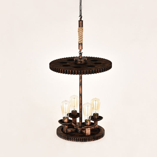 Metal Weathered Copper Pendant Lamp Exposed Bulb 4 Lights Farmhouse Chandelier Light with Gear Deco Clearhalo 'Cast Iron' 'Ceiling Lights' 'Chandeliers' 'Industrial Chandeliers' 'Industrial' 'Metal' 'Middle Century Chandeliers' 'Rustic Chandeliers' 'Tiffany' Lighting' 314472