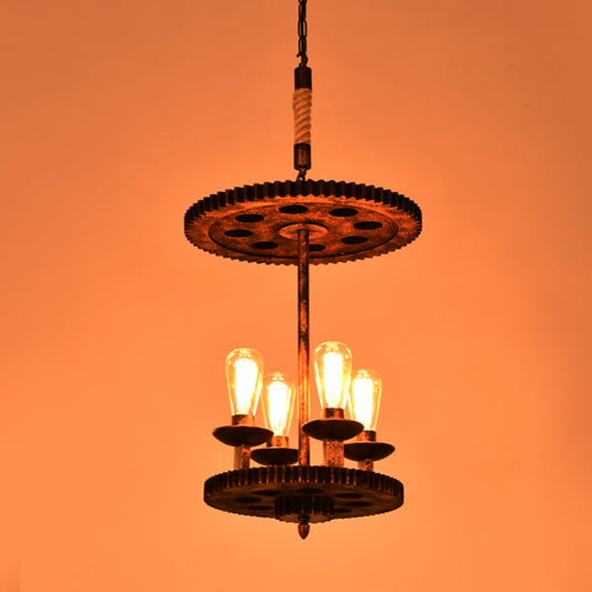 Metal Weathered Copper Pendant Lamp Exposed Bulb 4 Lights Farmhouse Chandelier Light with Gear Deco Clearhalo 'Cast Iron' 'Ceiling Lights' 'Chandeliers' 'Industrial Chandeliers' 'Industrial' 'Metal' 'Middle Century Chandeliers' 'Rustic Chandeliers' 'Tiffany' Lighting' 314473