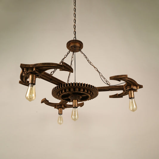 4 Lights Metal Pendant Lighting Vintage Antique Bronze Open Bulb Dining Room Ceiling Chandelier with Gear Deco Clearhalo 'Cast Iron' 'Ceiling Lights' 'Chandeliers' 'Industrial Chandeliers' 'Industrial' 'Metal' 'Middle Century Chandeliers' 'Rustic Chandeliers' 'Tiffany' Lighting' 314480