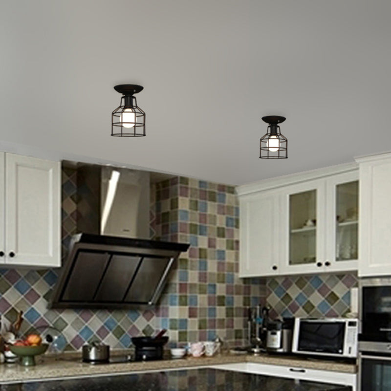 Metal Caged Flush Mount Industrial Style 1 Light Living Room Flush Ceiling Light in Black Clearhalo 'Ceiling Lights' 'Close To Ceiling Lights' 'Close to ceiling' 'Flush mount' 'Industrial Flush Mount' Lighting' 314482