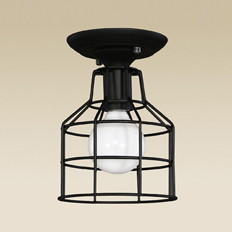 Metal Caged Flush Mount Industrial Style 1 Light Living Room Flush Ceiling Light in Black Black Clearhalo 'Ceiling Lights' 'Close To Ceiling Lights' 'Close to ceiling' 'Flush mount' 'Industrial Flush Mount' Lighting' 314483