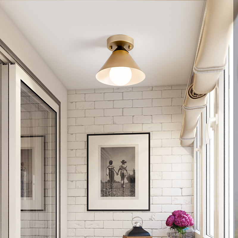 1 Light Corridor Flush Mount Antique Gold Flush Light with Cone Metal Shade Gold Clearhalo 'Ceiling Lights' 'Close To Ceiling Lights' 'Close to ceiling' 'Flush mount' 'Industrial Flush Mount' Lighting' 314484