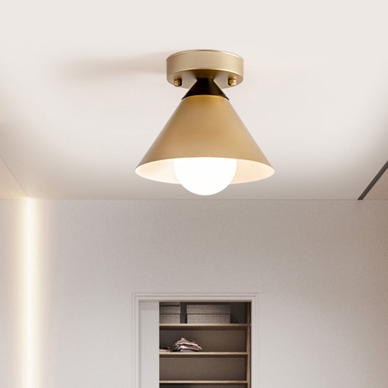 1 Light Corridor Flush Mount Antique Gold Flush Light with Cone Metal Shade Clearhalo 'Ceiling Lights' 'Close To Ceiling Lights' 'Close to ceiling' 'Flush mount' 'Industrial Flush Mount' Lighting' 314485