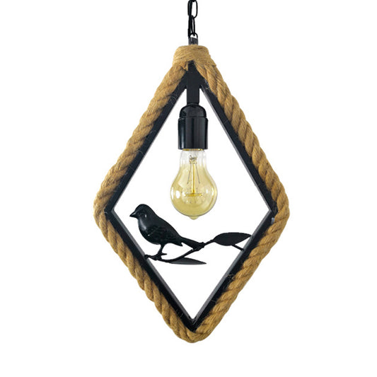 1 Light Round/Rhombus/Square Pendant Lighting Black Rope Hanging Light Fixture for Living Room with Bird Deco Black Rhombus Clearhalo 'Ceiling Lights' 'Industrial Pendants' 'Industrial' 'Middle Century Pendants' 'Pendant Lights' 'Pendants' 'Tiffany' Lighting' 314514