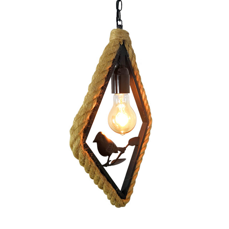 1 Light Round/Rhombus/Square Pendant Lighting Black Rope Hanging Light Fixture for Living Room with Bird Deco Clearhalo 'Ceiling Lights' 'Industrial Pendants' 'Industrial' 'Middle Century Pendants' 'Pendant Lights' 'Pendants' 'Tiffany' Lighting' 314515