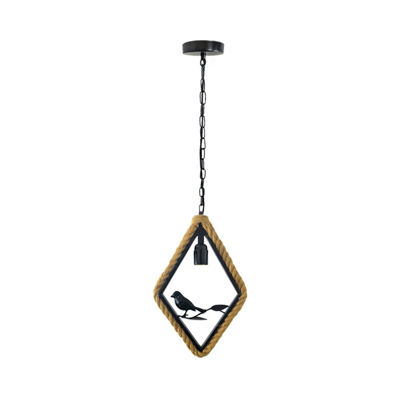 1 Light Round/Rhombus/Square Pendant Lighting Black Rope Hanging Light Fixture for Living Room with Bird Deco Clearhalo 'Ceiling Lights' 'Industrial Pendants' 'Industrial' 'Middle Century Pendants' 'Pendant Lights' 'Pendants' 'Tiffany' Lighting' 314516