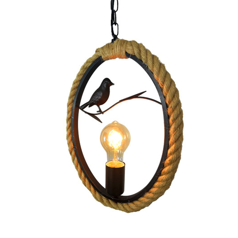 1 Light Round/Rhombus/Square Pendant Lighting Black Rope Hanging Light Fixture for Living Room with Bird Deco Black Round Clearhalo 'Ceiling Lights' 'Industrial Pendants' 'Industrial' 'Middle Century Pendants' 'Pendant Lights' 'Pendants' 'Tiffany' Lighting' 314518