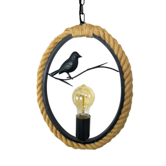 1 Light Round/Rhombus/Square Pendant Lighting Black Rope Hanging Light Fixture for Living Room with Bird Deco Clearhalo 'Ceiling Lights' 'Industrial Pendants' 'Industrial' 'Middle Century Pendants' 'Pendant Lights' 'Pendants' 'Tiffany' Lighting' 314519