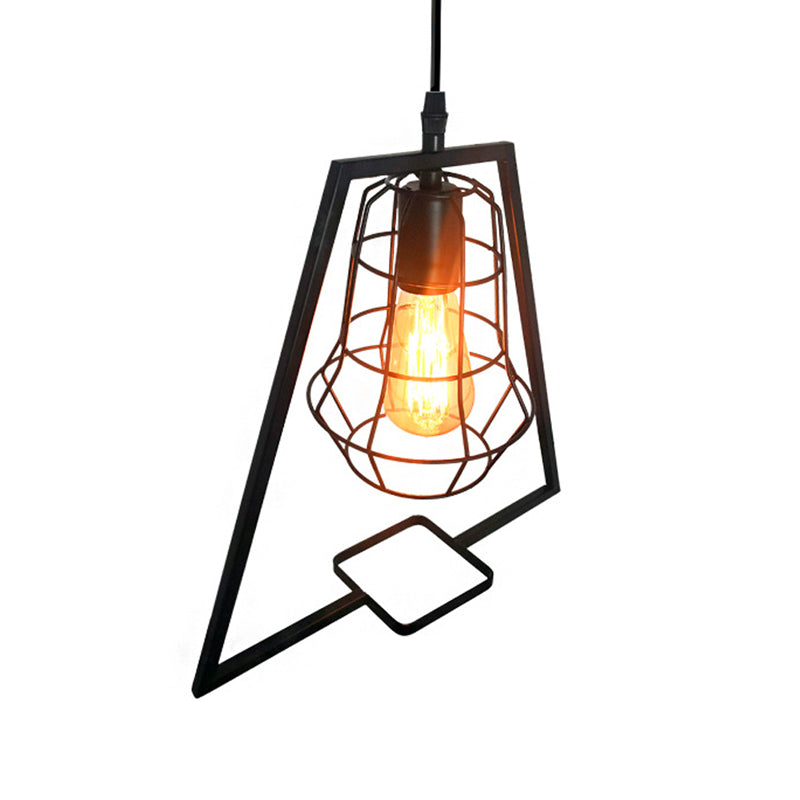 Trapezoid Living Room Pendant Lighting Vintage Metal 1 Light Black Ceiling Fixture with Cage Clearhalo 'Art Deco Pendants' 'Black' 'Cast Iron' 'Ceiling Lights' 'Ceramic' 'Crystal' 'Industrial Pendants' 'Industrial' 'Metal' 'Middle Century Pendants' 'Pendant Lights' 'Pendants' 'Rustic Pendants' 'Tiffany' Lighting' 314523