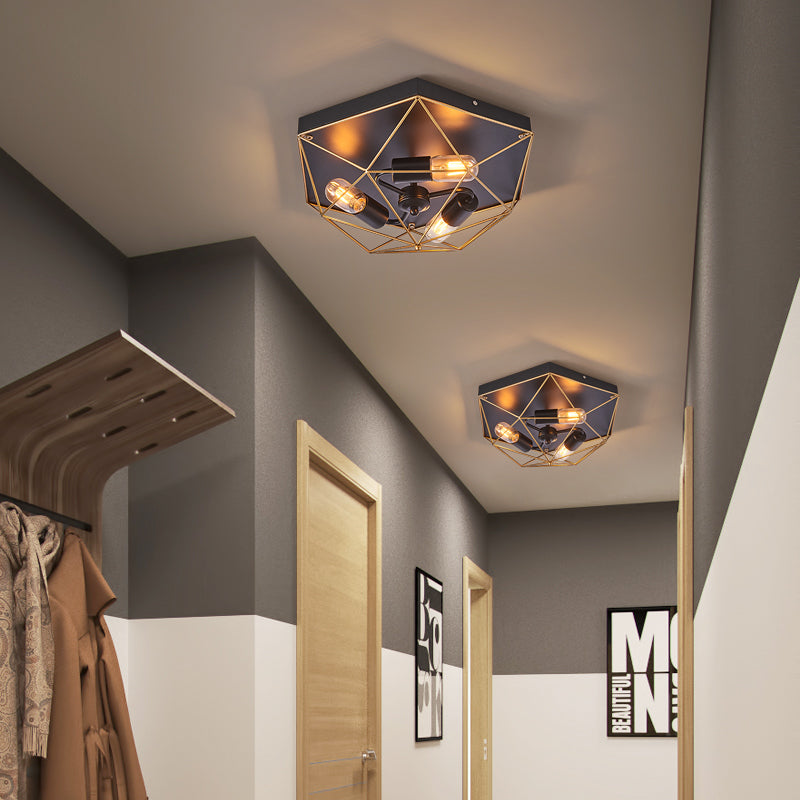 3 Lights Geometric Flush Mount Industrial Black Metal Flush Ceiling Light Fixture Clearhalo 'Ceiling Lights' 'Close To Ceiling Lights' 'Close to ceiling' 'Flush mount' 'Industrial Flush Mount' Lighting' 314537