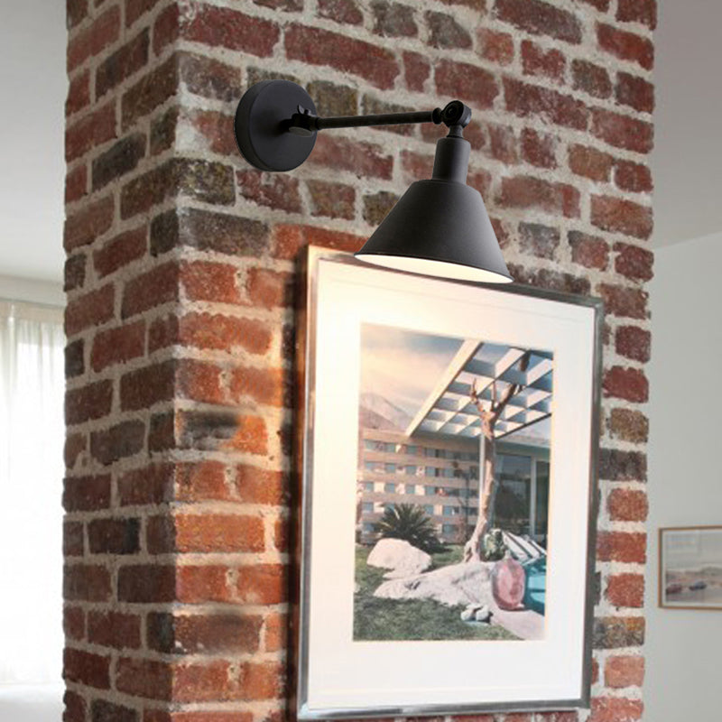 Cone Metal Wall Hanging Light Industrial Style 1 Light Bedroom Sconce Lamp in White/Black Clearhalo 'Art deco wall lights' 'Cast Iron' 'Glass' 'Industrial wall lights' 'Industrial' 'Middle century wall lights' 'Modern' 'Rustic wall lights' 'Tiffany' 'Traditional wall lights' 'Wall Lamps & Sconces' 'Wall Lights' Lighting' 315136