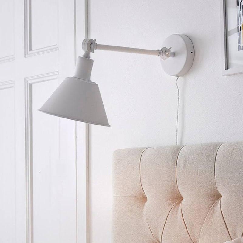 Cone Metal Wall Hanging Light Industrial Style 1 Light Bedroom Sconce Lamp in White/Black Clearhalo 'Art deco wall lights' 'Cast Iron' 'Glass' 'Industrial wall lights' 'Industrial' 'Middle century wall lights' 'Modern' 'Rustic wall lights' 'Tiffany' 'Traditional wall lights' 'Wall Lamps & Sconces' 'Wall Lights' Lighting' 315140