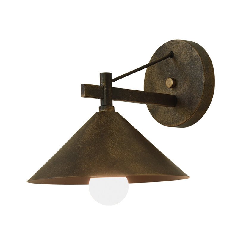 Metal Cone Wall Hanging Light Vintage 1 Light Outdoor Sconce Lighting Fixture in Black/Antique Brass/Aged Silver Clearhalo 'Art deco wall lights' 'Cast Iron' 'Glass' 'Industrial wall lights' 'Industrial' 'Middle century wall lights' 'Modern' 'Rustic wall lights' 'Tiffany' 'Traditional wall lights' 'Wall Lamps & Sconces' 'Wall Lights' Lighting' 315158