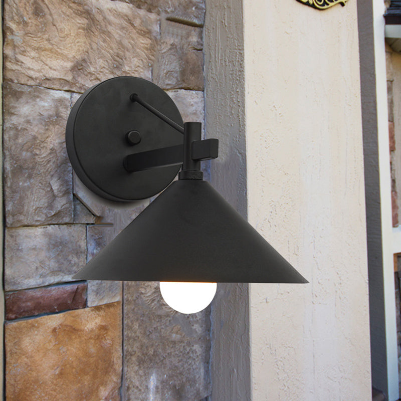 Metal Cone Wall Hanging Light Vintage 1 Light Outdoor Sconce Lighting Fixture in Black/Antique Brass/Aged Silver Clearhalo 'Art deco wall lights' 'Cast Iron' 'Glass' 'Industrial wall lights' 'Industrial' 'Middle century wall lights' 'Modern' 'Rustic wall lights' 'Tiffany' 'Traditional wall lights' 'Wall Lamps & Sconces' 'Wall Lights' Lighting' 315160