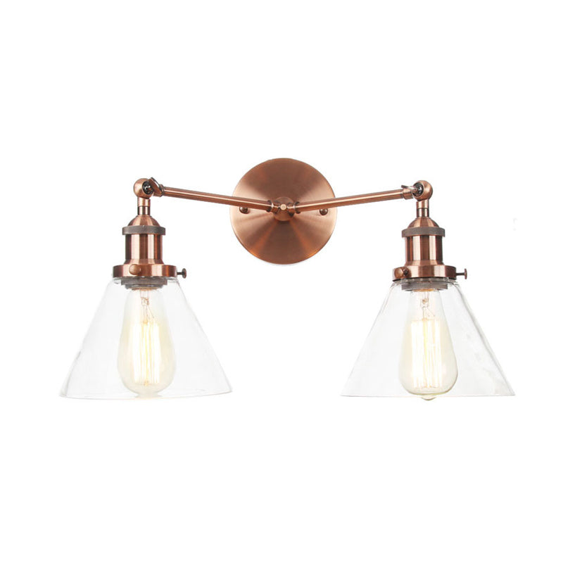 Clear Glass Conical Wall Mount Light Vintage 2 Lights Living Room Sconce Fixture in Black/Brass/Bronze Clearhalo 'Art deco wall lights' 'Cast Iron' 'Glass' 'Industrial wall lights' 'Industrial' 'Middle century wall lights' 'Modern' 'Rustic wall lights' 'Tiffany' 'Traditional wall lights' 'Wall Lamps & Sconces' 'Wall Lights' Lighting' 315186