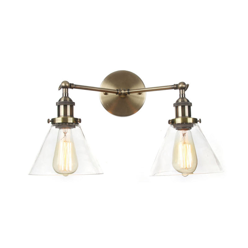 Clear Glass Conical Wall Mount Light Vintage 2 Lights Living Room Sconce Fixture in Black/Brass/Bronze Clearhalo 'Art deco wall lights' 'Cast Iron' 'Glass' 'Industrial wall lights' 'Industrial' 'Middle century wall lights' 'Modern' 'Rustic wall lights' 'Tiffany' 'Traditional wall lights' 'Wall Lamps & Sconces' 'Wall Lights' Lighting' 315187