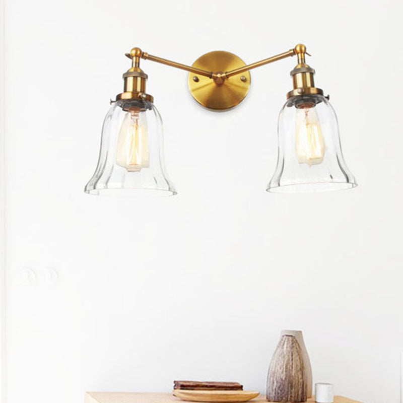 2 Lights Indoor Wall Lighting Industrial Style Black/Chrome/Bronze Sconce with Bell Clear Glass Shade Brass Clearhalo 'Art deco wall lights' 'Cast Iron' 'Glass' 'Industrial wall lights' 'Industrial' 'Middle century wall lights' 'Modern' 'Rustic wall lights' 'Tiffany' 'Traditional wall lights' 'Wall Lamps & Sconces' 'Wall Lights' Lighting' 315200