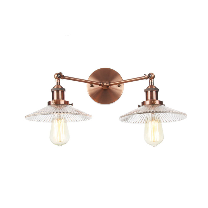 Saucer Clear Ribbed Glass Wall Sconce Light Warehouse 2 Lights Indoor Lighting Fixture in Bronze/Brass/Chrome Clearhalo 'Art deco wall lights' 'Cast Iron' 'Glass' 'Industrial wall lights' 'Industrial' 'Middle century wall lights' 'Modern' 'Rustic wall lights' 'Tiffany' 'Traditional wall lights' 'Wall Lamps & Sconces' 'Wall Lights' Lighting' 315203