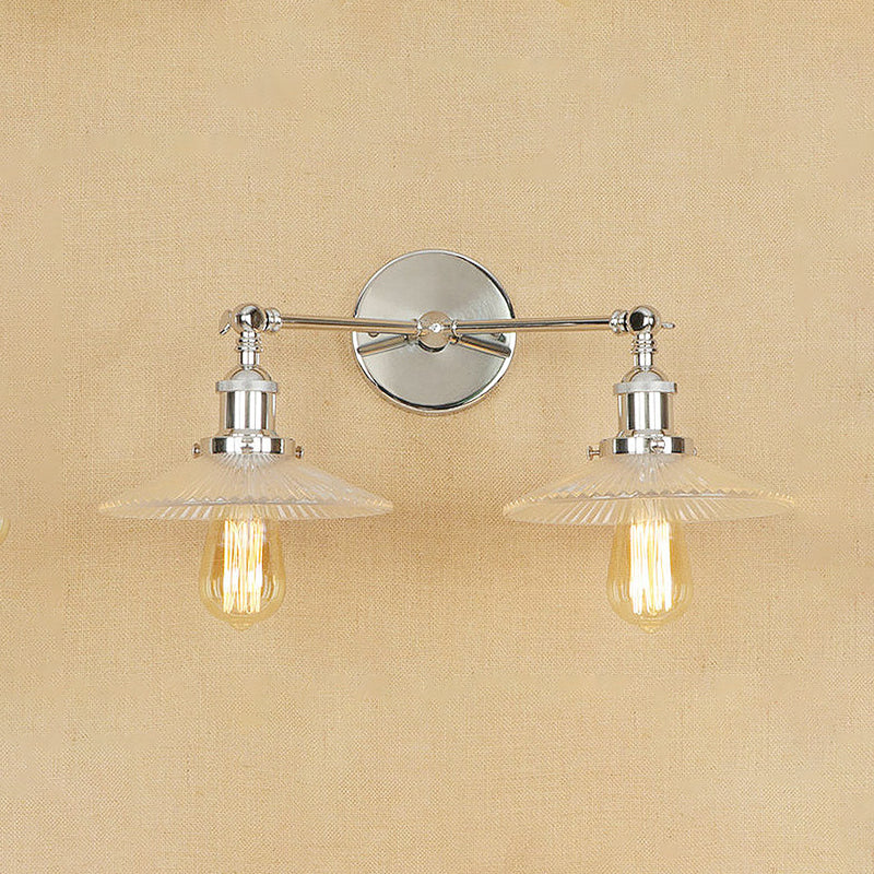 Saucer Clear Ribbed Glass Wall Sconce Light Warehouse 2 Lights Indoor Lighting Fixture in Bronze/Brass/Chrome Clearhalo 'Art deco wall lights' 'Cast Iron' 'Glass' 'Industrial wall lights' 'Industrial' 'Middle century wall lights' 'Modern' 'Rustic wall lights' 'Tiffany' 'Traditional wall lights' 'Wall Lamps & Sconces' 'Wall Lights' Lighting' 315205
