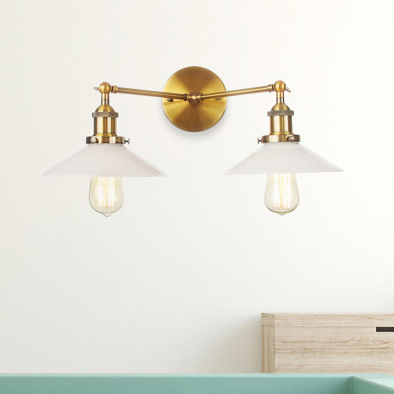 2 Lights Wall Hanging Light Vintage Cone Opal Glass Sconce Lighting Fixture in Bronze/Copper/Brass Brass Clearhalo 'Art deco wall lights' 'Cast Iron' 'Glass' 'Industrial wall lights' 'Industrial' 'Middle century wall lights' 'Modern' 'Rustic wall lights' 'Tiffany' 'Traditional wall lights' 'Wall Lamps & Sconces' 'Wall Lights' Lighting' 315210