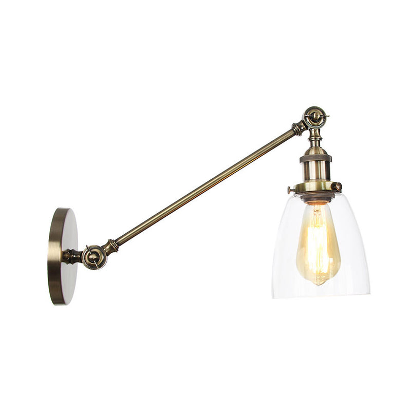 Black/Bronze/Brass 1 Light Wall Light Fixture Industrial Style Clear Glass Tapered Sconce with Arm, 8"/12" L Clearhalo 'Art deco wall lights' 'Cast Iron' 'Glass' 'Industrial wall lights' 'Industrial' 'Middle century wall lights' 'Modern' 'Rustic wall lights' 'Tiffany' 'Traditional wall lights' 'Wall Lamps & Sconces' 'Wall Lights' Lighting' 315226