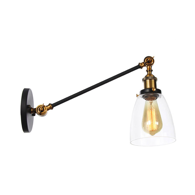 Black/Bronze/Brass 1 Light Wall Light Fixture Industrial Style Clear Glass Tapered Sconce with Arm, 8"/12" L Clearhalo 'Art deco wall lights' 'Cast Iron' 'Glass' 'Industrial wall lights' 'Industrial' 'Middle century wall lights' 'Modern' 'Rustic wall lights' 'Tiffany' 'Traditional wall lights' 'Wall Lamps & Sconces' 'Wall Lights' Lighting' 315229