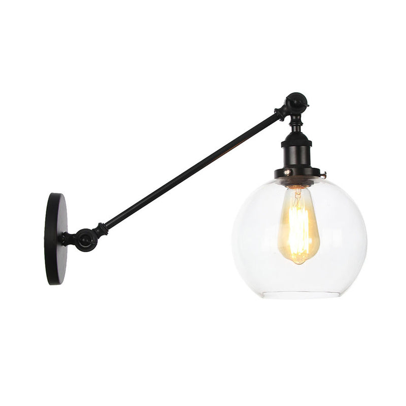 Clear Glass Globe Wall Lighting Farmhouse 1 Light Living Room Light Fixture in Black/Brass/Bronze with Arm, 8"/12" L Clearhalo 'Art deco wall lights' 'Cast Iron' 'Glass' 'Industrial wall lights' 'Industrial' 'Middle century wall lights' 'Modern' 'Rustic wall lights' 'Tiffany' 'Traditional wall lights' 'Wall Lamps & Sconces' 'Wall Lights' Lighting' 315232