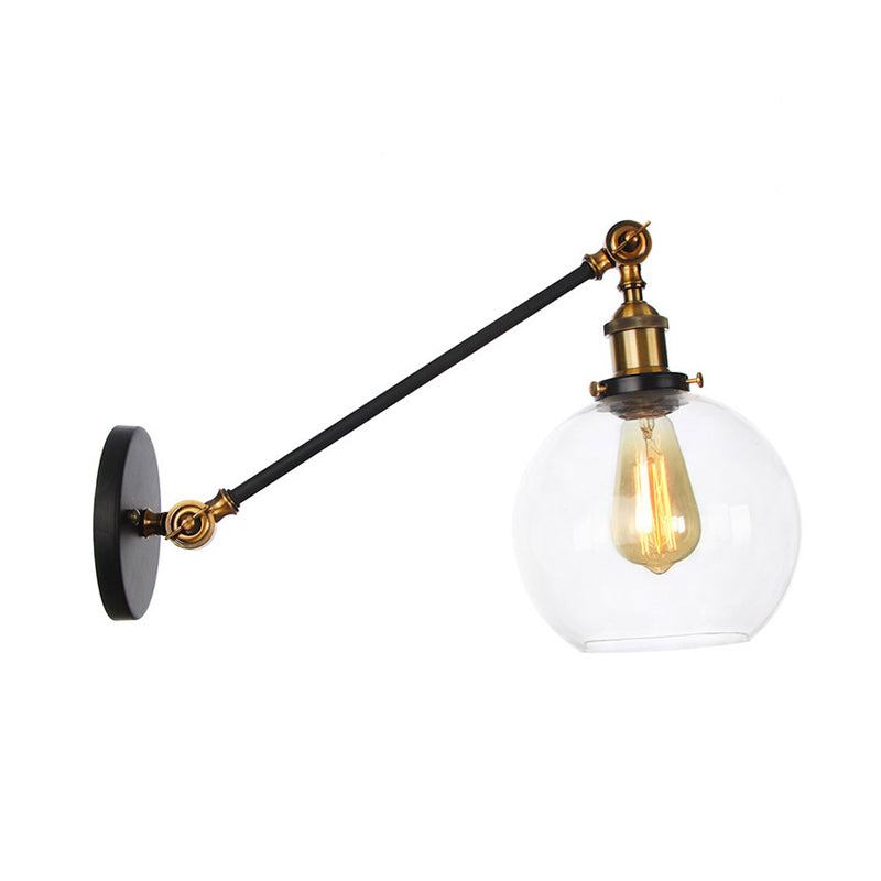 Clear Glass Globe Wall Lighting Farmhouse 1 Light Living Room Light Fixture in Black/Brass/Bronze with Arm, 8"/12" L Clearhalo 'Art deco wall lights' 'Cast Iron' 'Glass' 'Industrial wall lights' 'Industrial' 'Middle century wall lights' 'Modern' 'Rustic wall lights' 'Tiffany' 'Traditional wall lights' 'Wall Lamps & Sconces' 'Wall Lights' Lighting' 315234