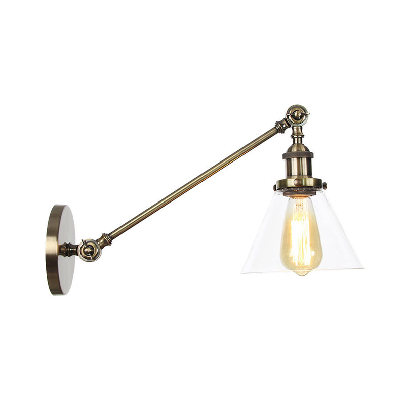 Industrial Conical Sconce Light 1 Light Clear Glass Lighting Fixture in Black/Bronze/Brass, 8"/12" L Arm Clearhalo 'Art deco wall lights' 'Cast Iron' 'Glass' 'Industrial wall lights' 'Industrial' 'Middle century wall lights' 'Modern' 'Rustic wall lights' 'Tiffany' 'Traditional wall lights' 'Wall Lamps & Sconces' 'Wall Lights' Lighting' 315236