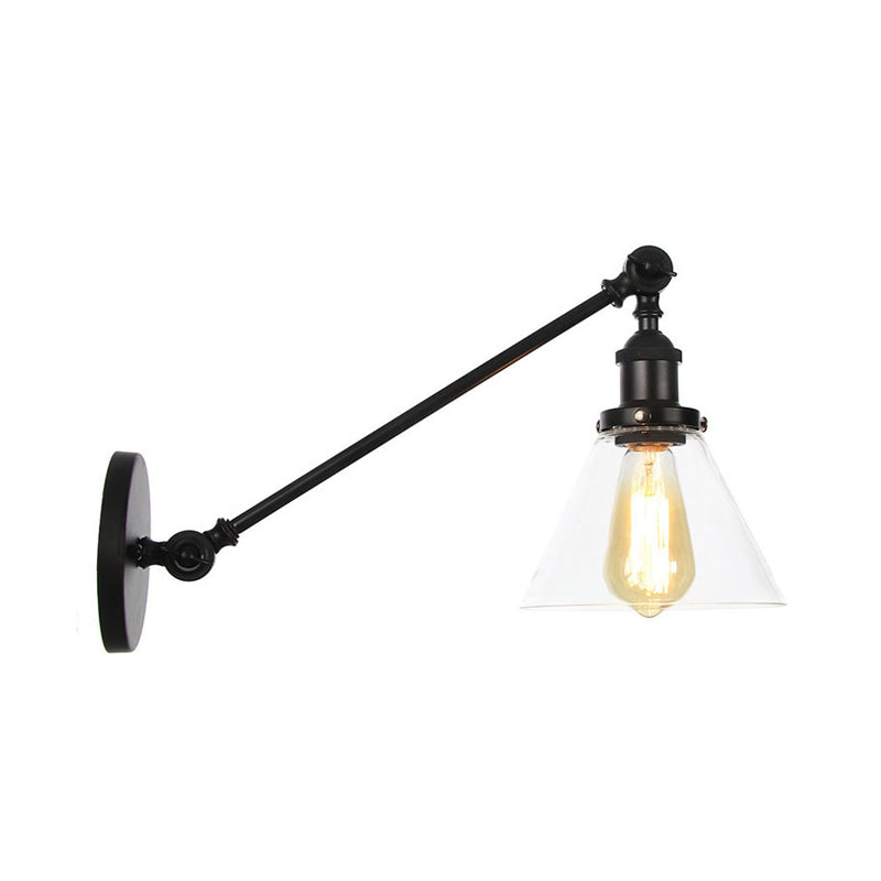 Industrial Conical Sconce Light 1 Light Clear Glass Lighting Fixture in Black/Bronze/Brass, 8"/12" L Arm Clearhalo 'Art deco wall lights' 'Cast Iron' 'Glass' 'Industrial wall lights' 'Industrial' 'Middle century wall lights' 'Modern' 'Rustic wall lights' 'Tiffany' 'Traditional wall lights' 'Wall Lamps & Sconces' 'Wall Lights' Lighting' 315237