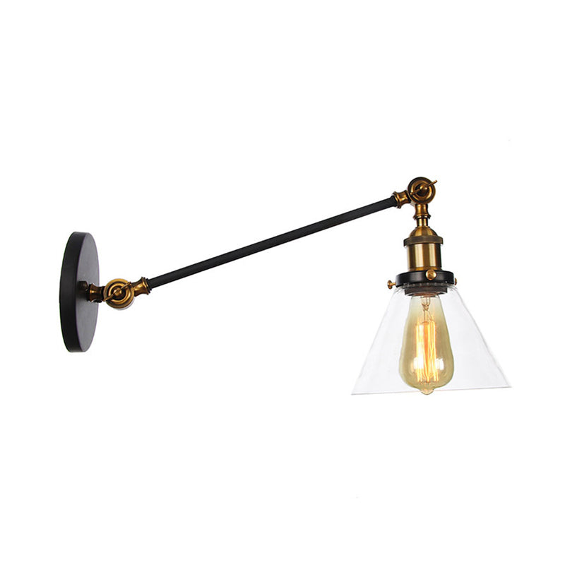 Industrial Conical Sconce Light 1 Light Clear Glass Lighting Fixture in Black/Bronze/Brass, 8"/12" L Arm Clearhalo 'Art deco wall lights' 'Cast Iron' 'Glass' 'Industrial wall lights' 'Industrial' 'Middle century wall lights' 'Modern' 'Rustic wall lights' 'Tiffany' 'Traditional wall lights' 'Wall Lamps & Sconces' 'Wall Lights' Lighting' 315239