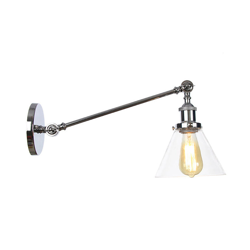 Industrial Conical Sconce Light 1 Light Clear Glass Lighting Fixture in Black/Bronze/Brass, 8"/12" L Arm Clearhalo 'Art deco wall lights' 'Cast Iron' 'Glass' 'Industrial wall lights' 'Industrial' 'Middle century wall lights' 'Modern' 'Rustic wall lights' 'Tiffany' 'Traditional wall lights' 'Wall Lamps & Sconces' 'Wall Lights' Lighting' 315240